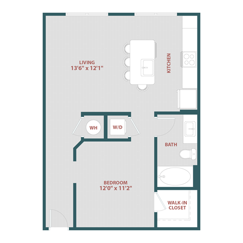 Floor plan for 1 bed, 1 bath, 672 sqft